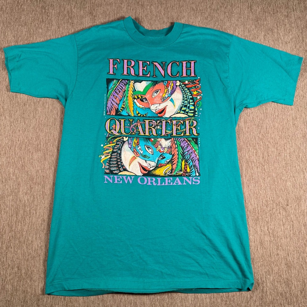 Vintage 1990 Hanes New Orleans French Quarter T Shirt XL Teal Single Stitch NOLA